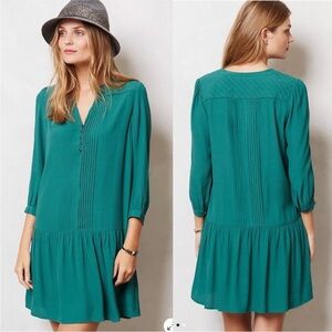 ANTHROPOLOGIE MAEVE GALINA DROP WAIST TUNIC DRESS Large pocket green long sleeve